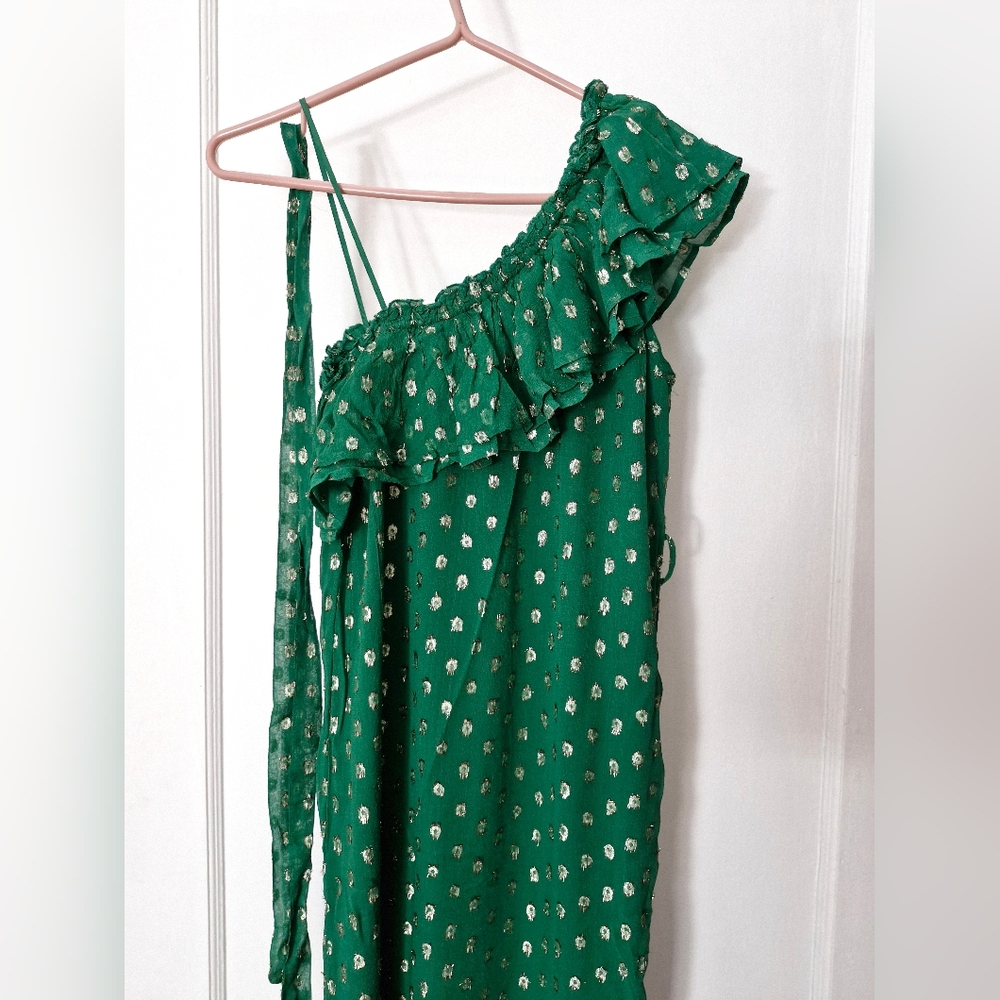 Maxi One-Shoulder Dress Green + Gold Accents